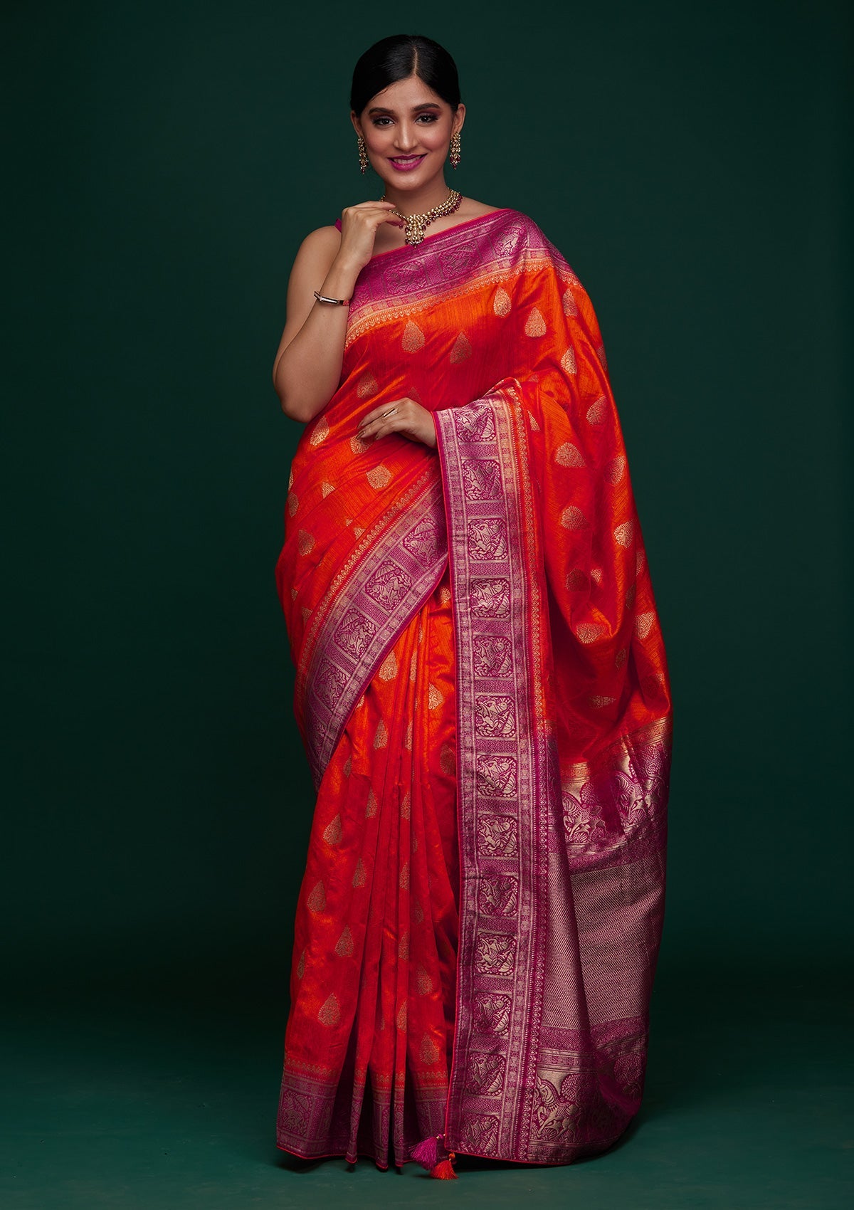 Orange Zariwork Raw Silk Saree