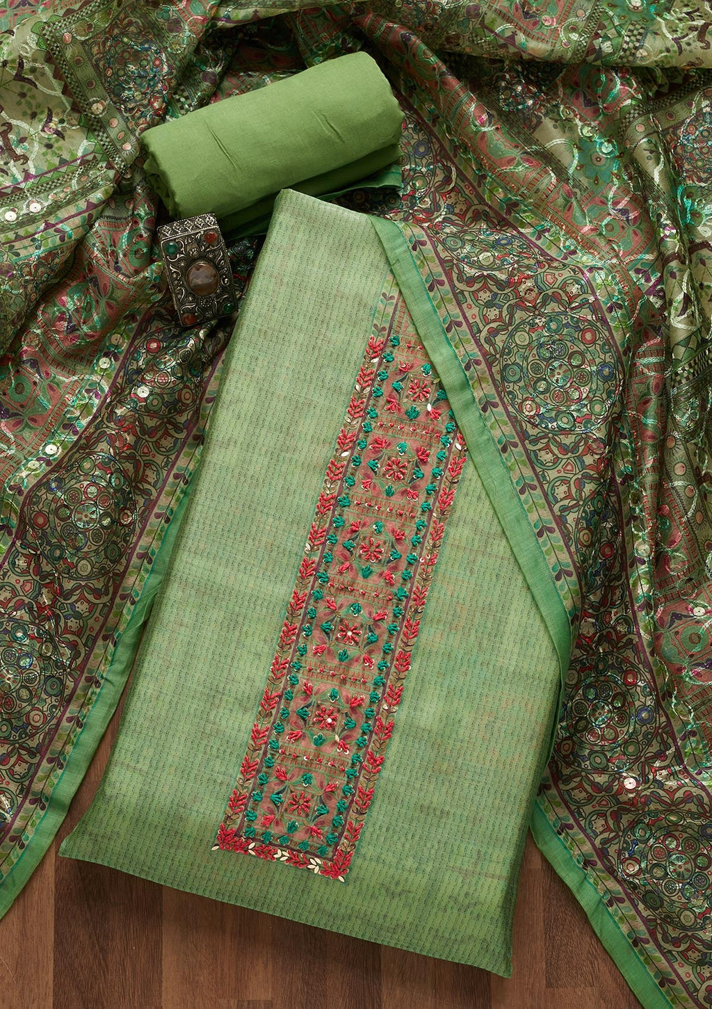 Parrot Green Sequins Chanderi Unstitched Salwar Suit