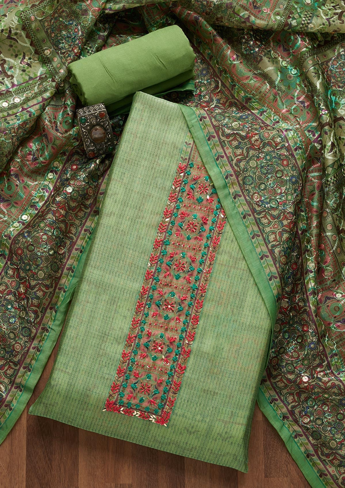 Parrot Green Sequins Chanderi Unstitched Salwar Suit