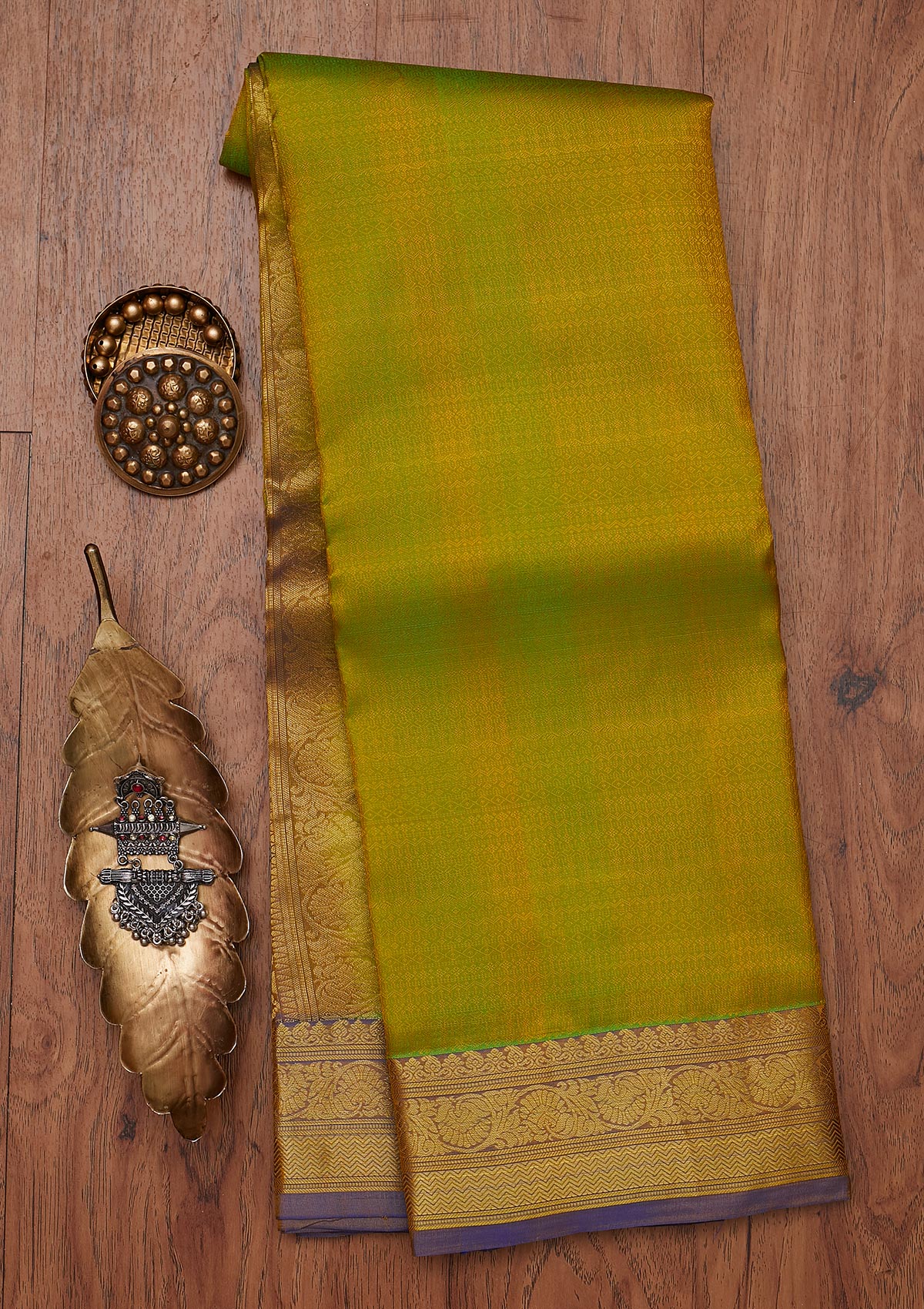 Parrot Green Zariwork Pure Silk Unstitched Saree