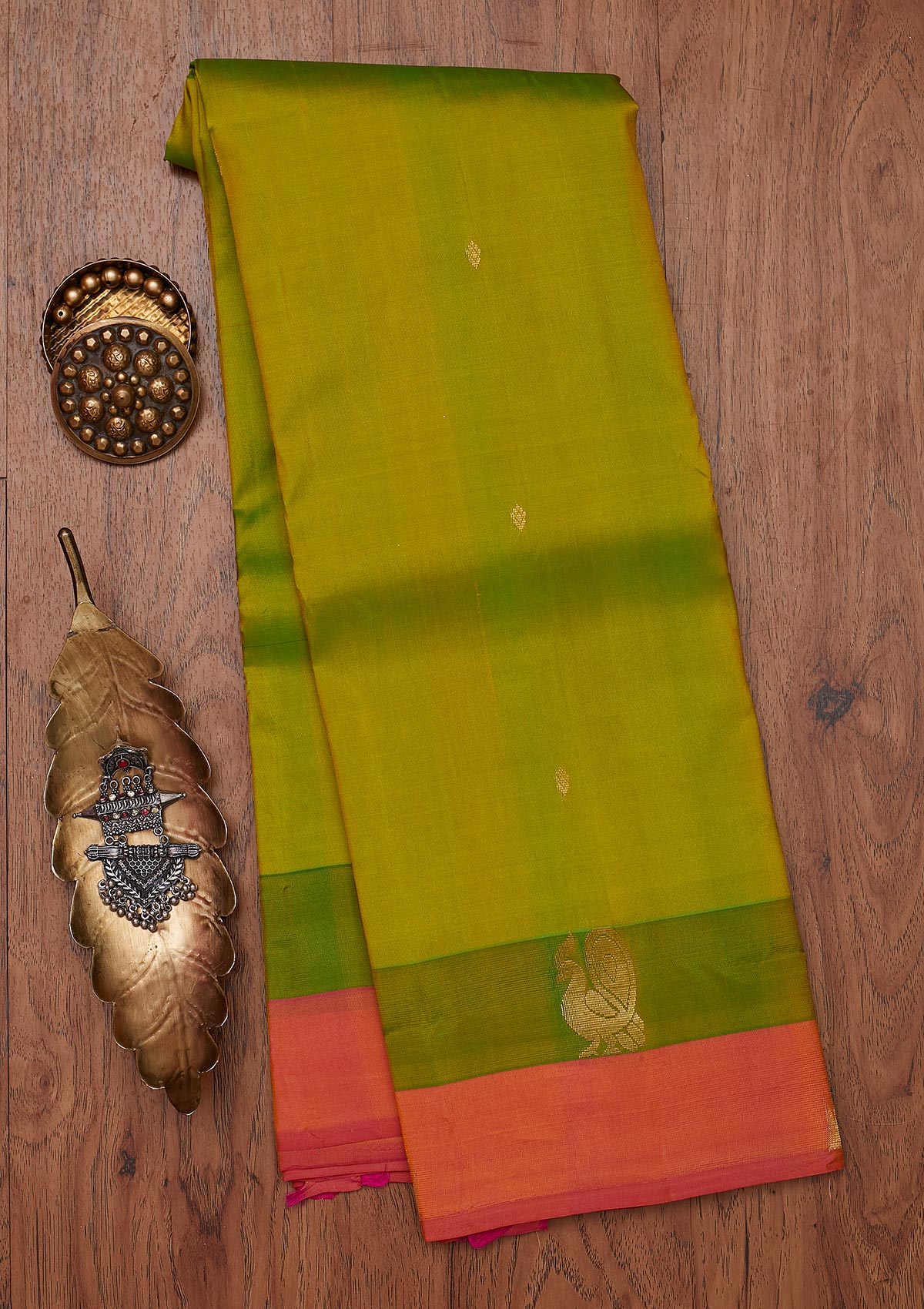 Parrot Green Zariwork Pure Silk Unstitched Saree