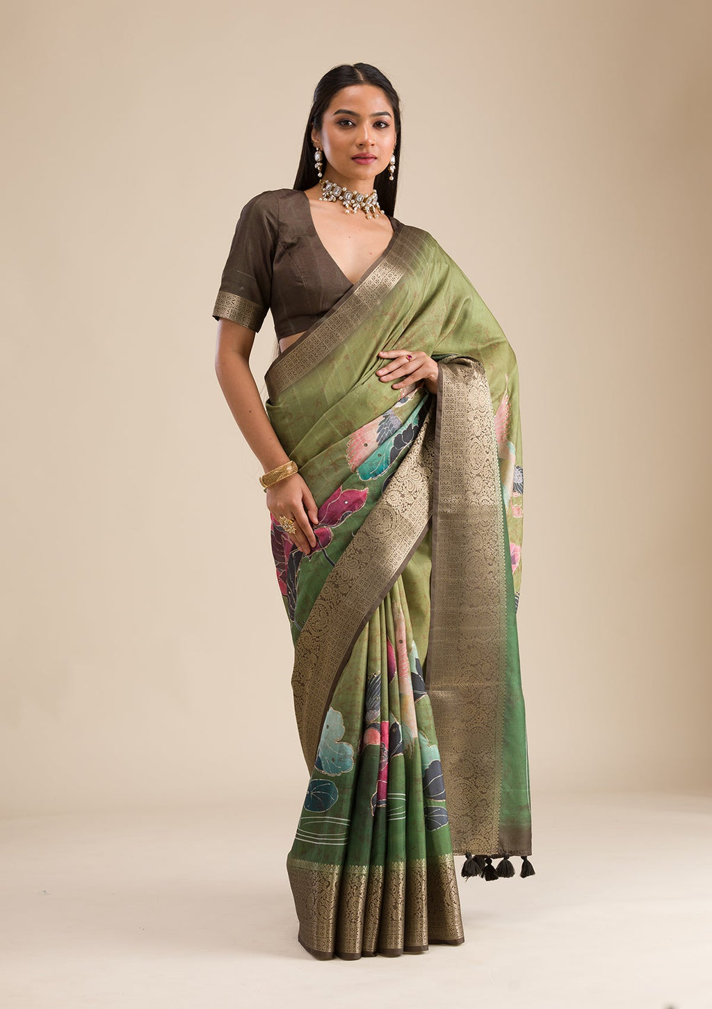 Parrot Green Plain Tissue Saree