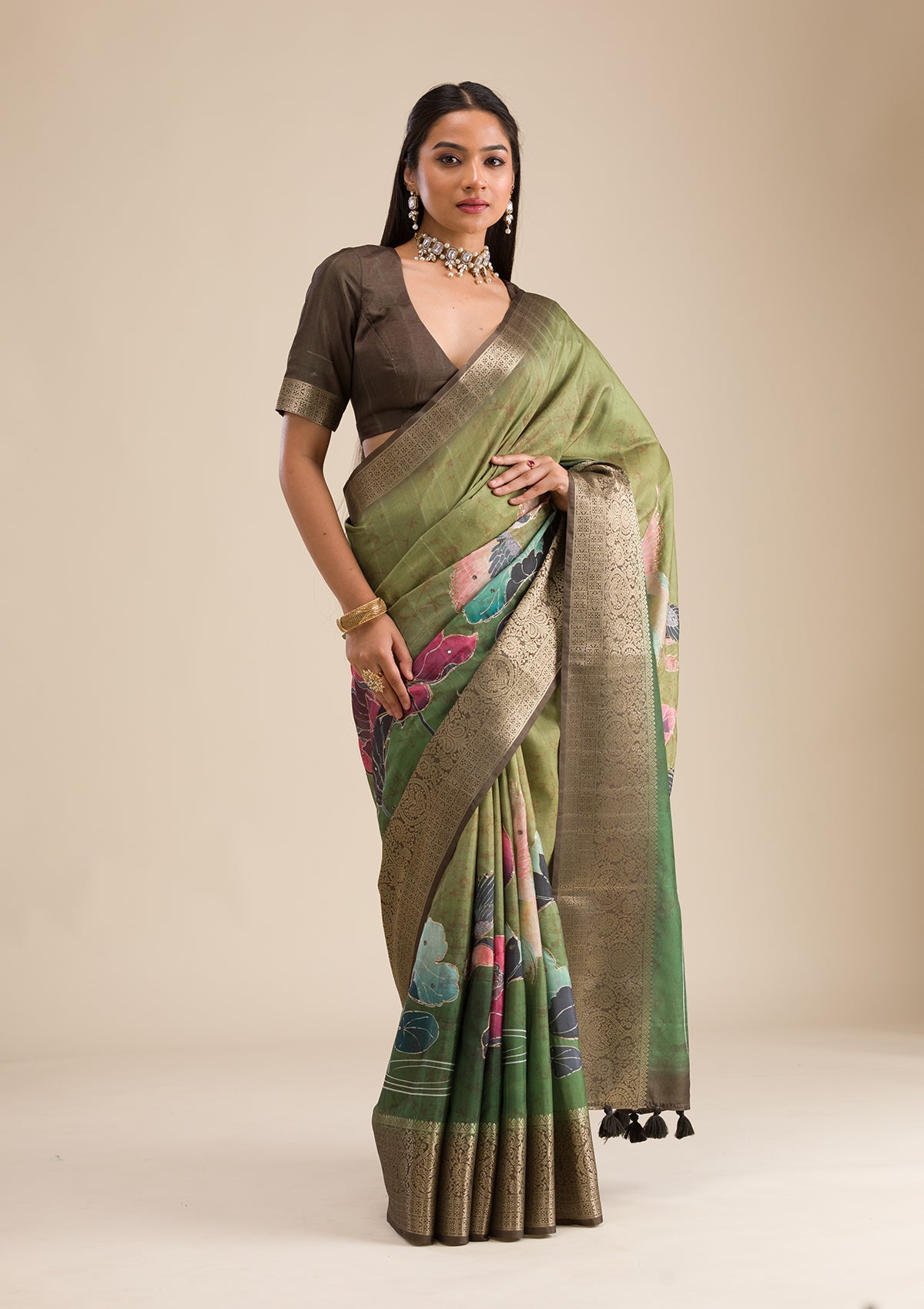 Parrot Green Plain Tissue Saree