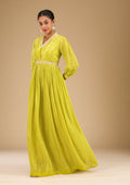 Parrot Green Printed Semi Crepe Readymade Salwar Suit
