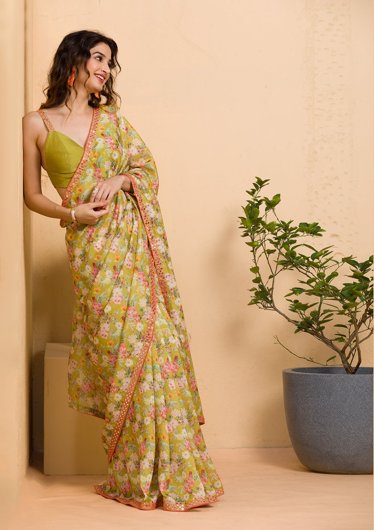Parrot Green Mirrorwork Tissue Saree