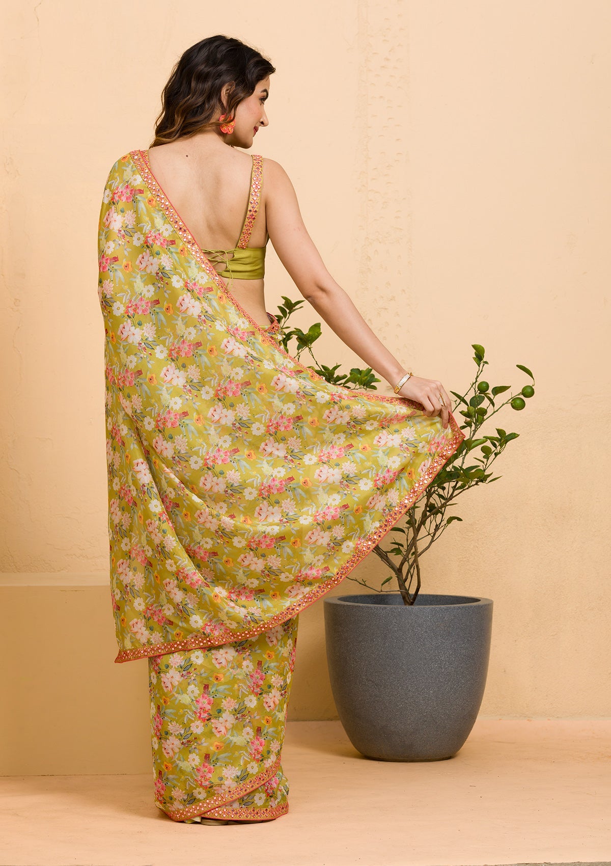 Parrot Green Mirrorwork Tissue Saree