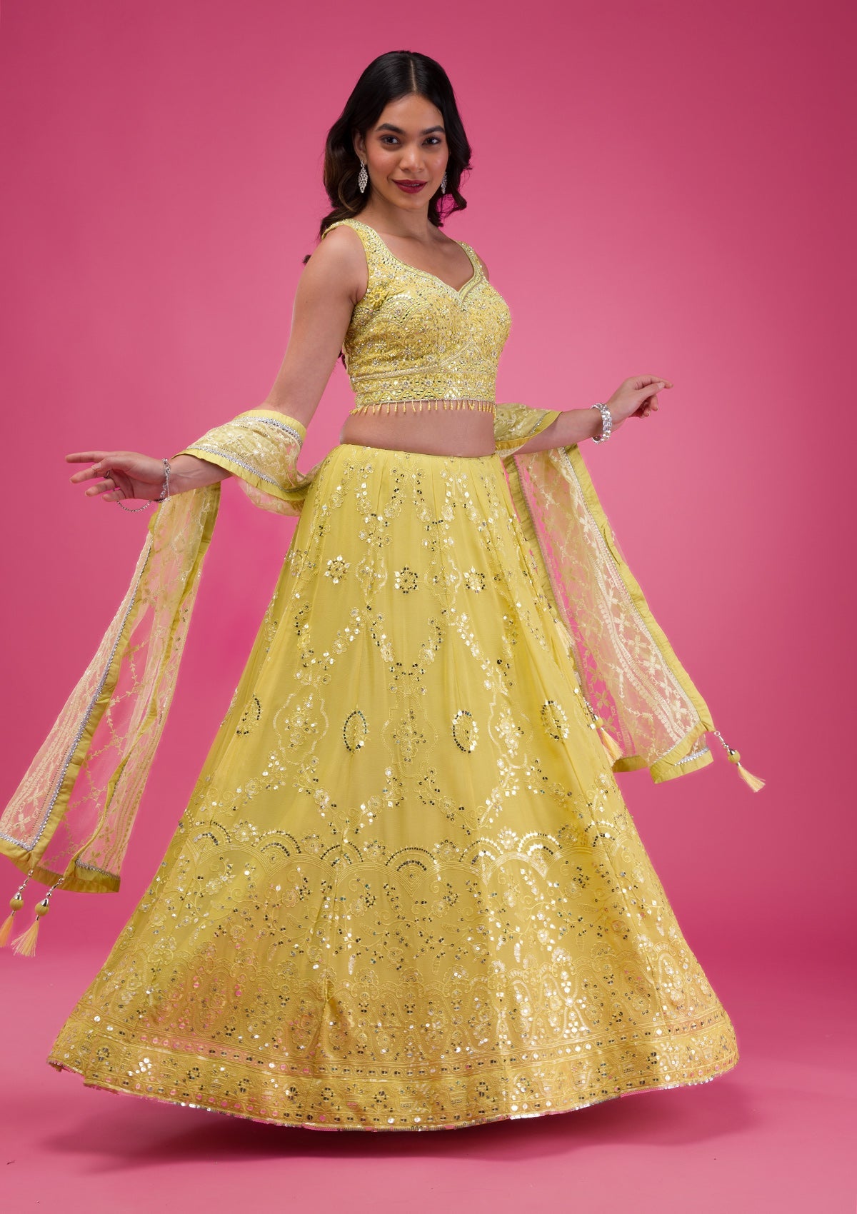 Parrot Green Threadwork Georgette Readymade Lehenga