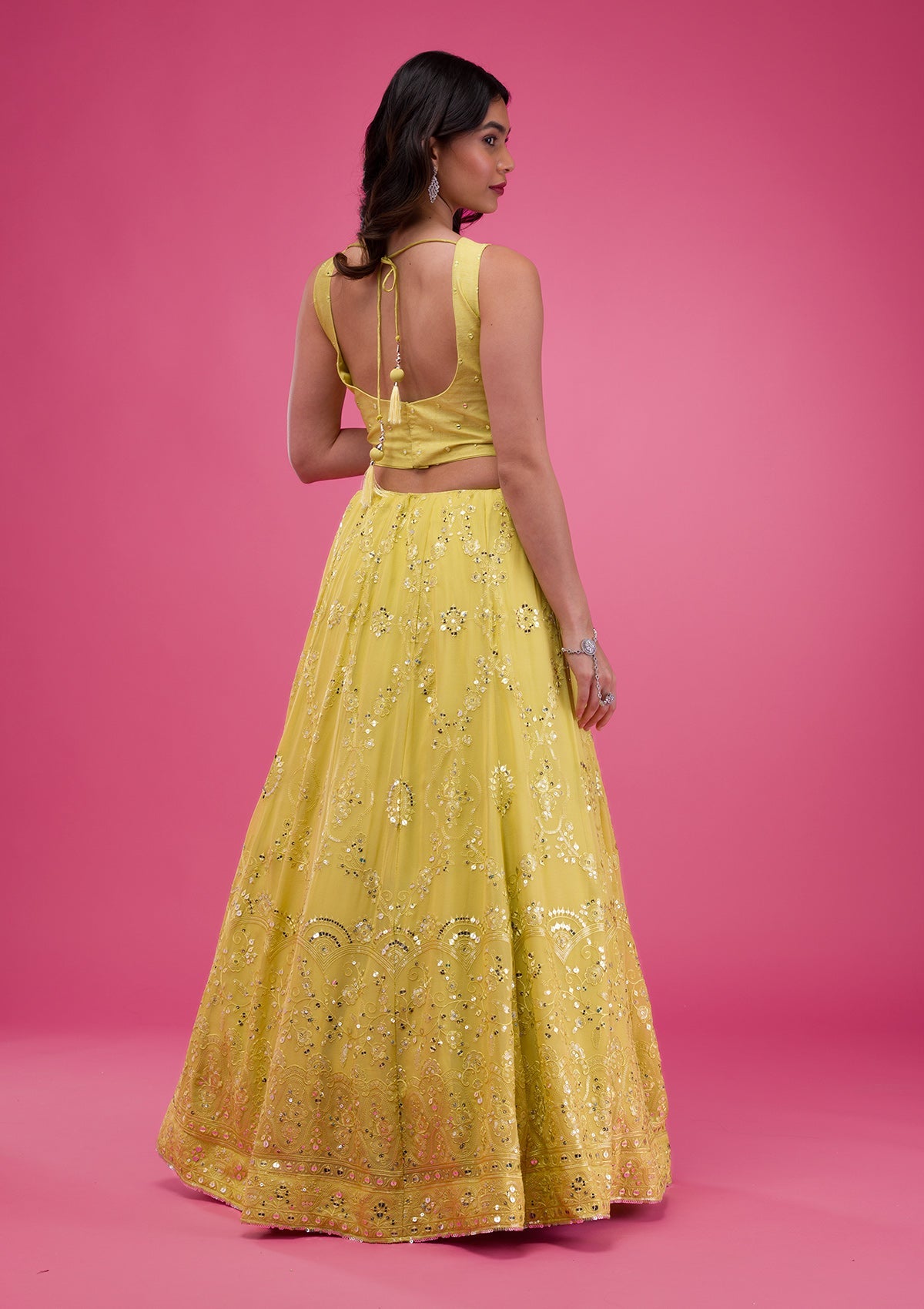 Parrot Green Threadwork Georgette Readymade Lehenga