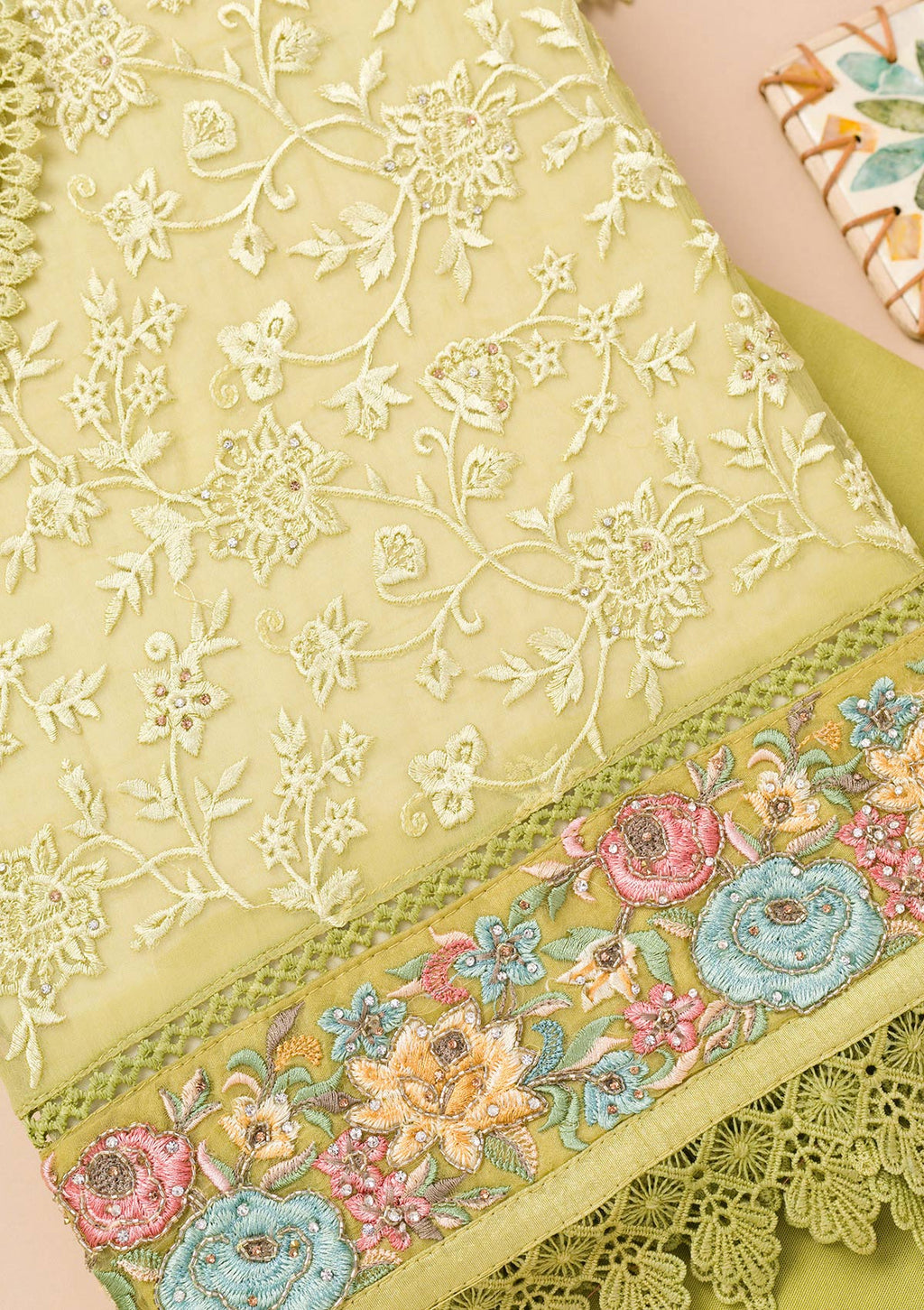 Parrot Green Threadwork Georgette Unstitched Salwar Suit