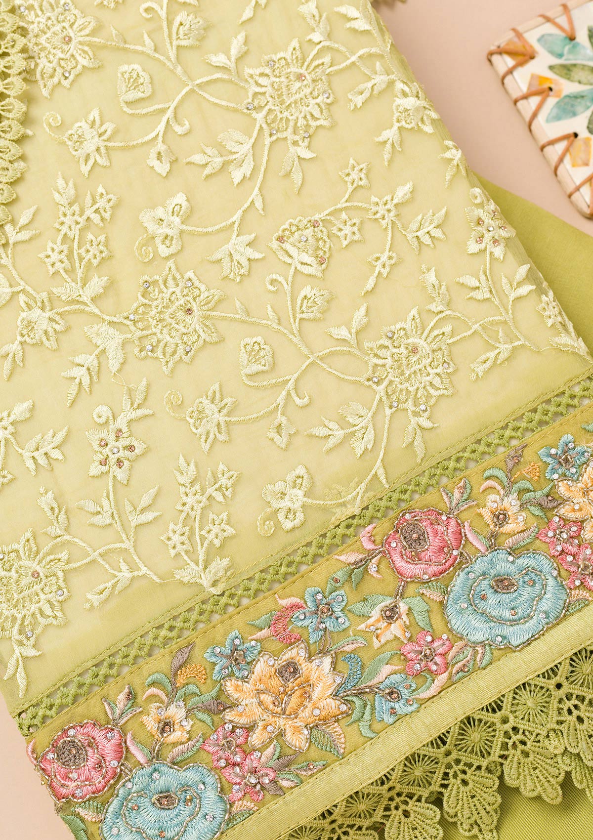 Parrot Green Threadwork Georgette Unstitched Salwar Suit