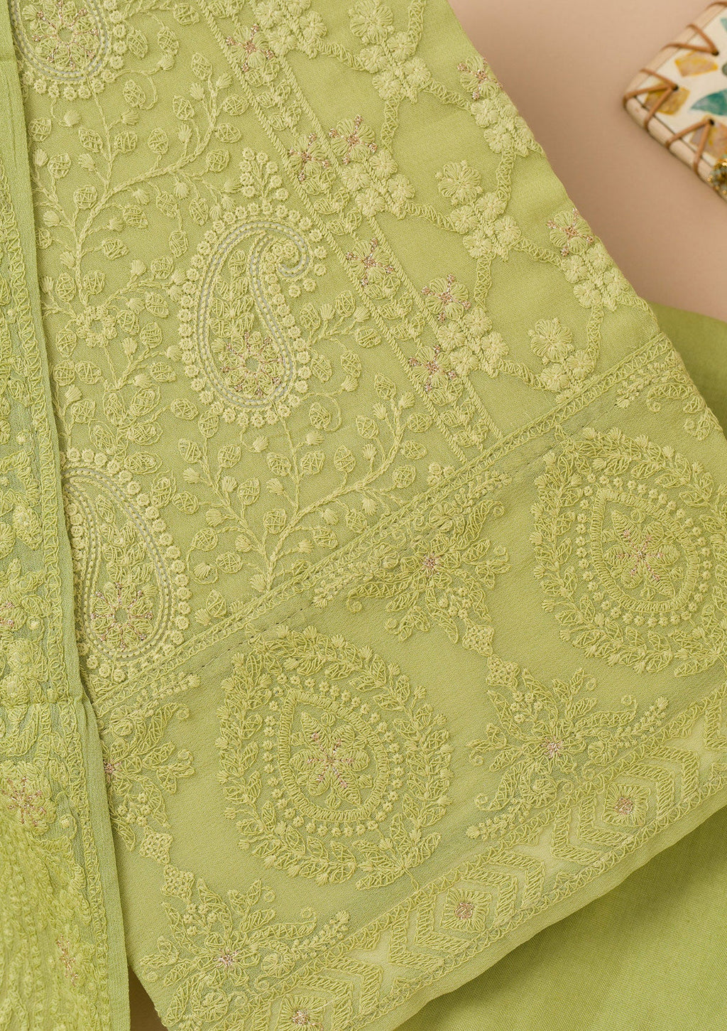 Parrot Green Threadwork Georgette Unstitched Salwar Suit