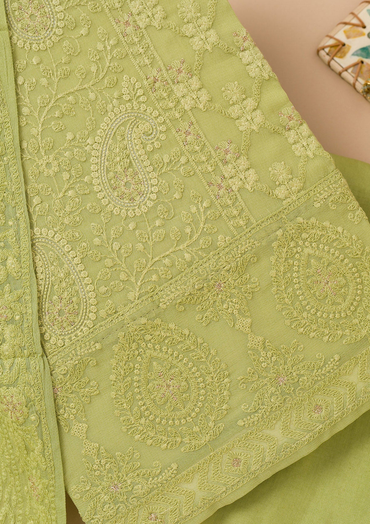 Parrot Green Threadwork Georgette Unstitched Salwar Suit