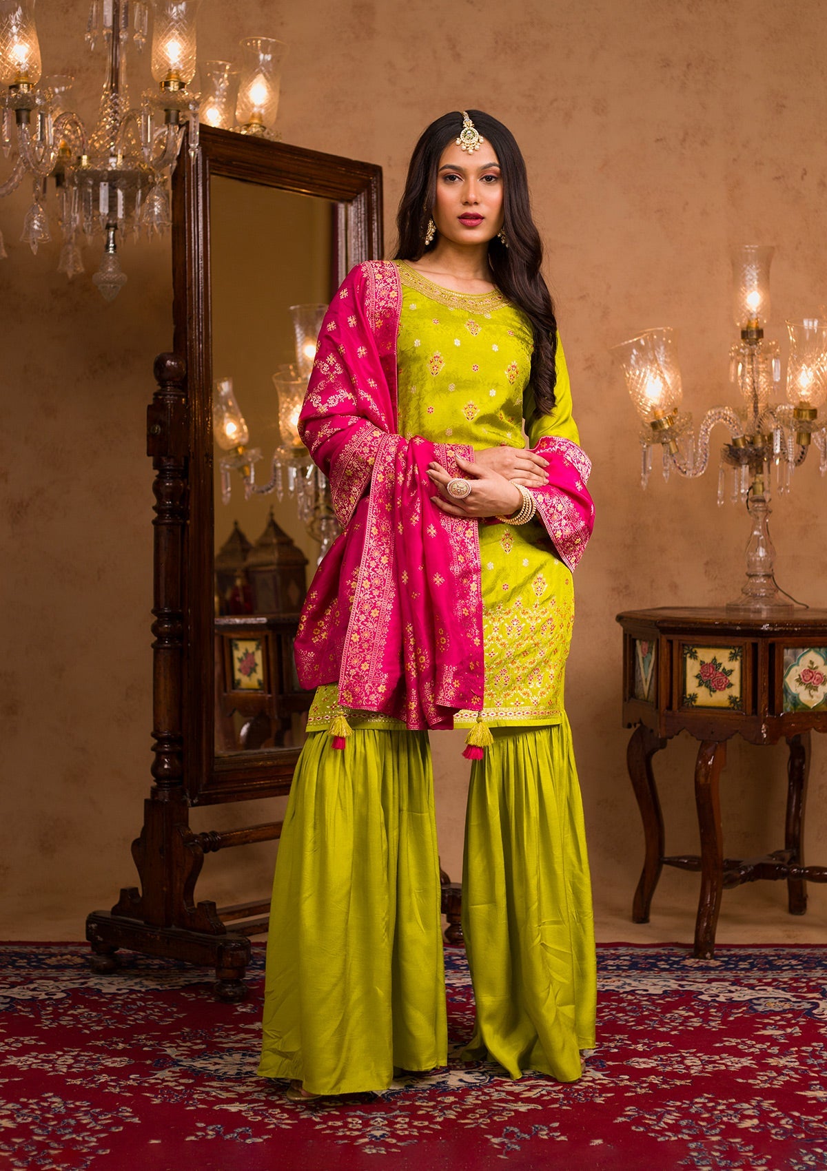 Parrot Green Zariwork Banarasi Readymade Sharara Suit