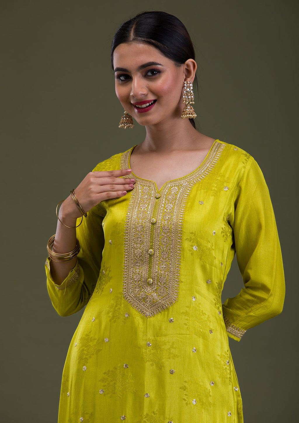 Parrot Green Zariwork Crepe Readymade Salwar Suit