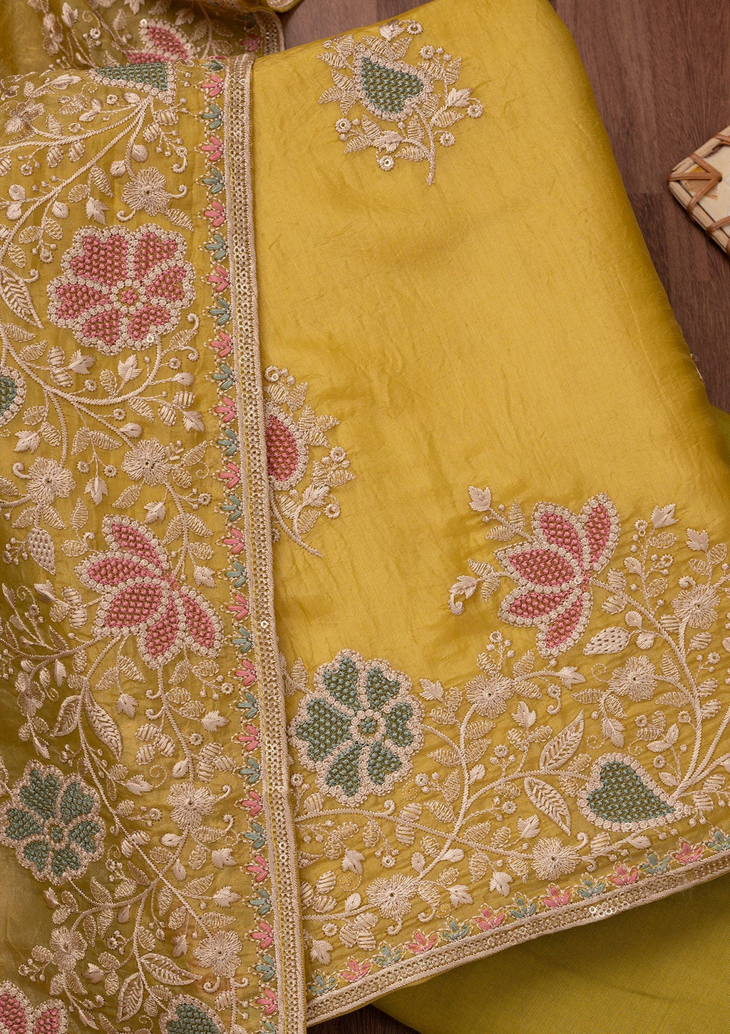 Yellow Zariwork Semi Crepe Unstitched Salwar Suit