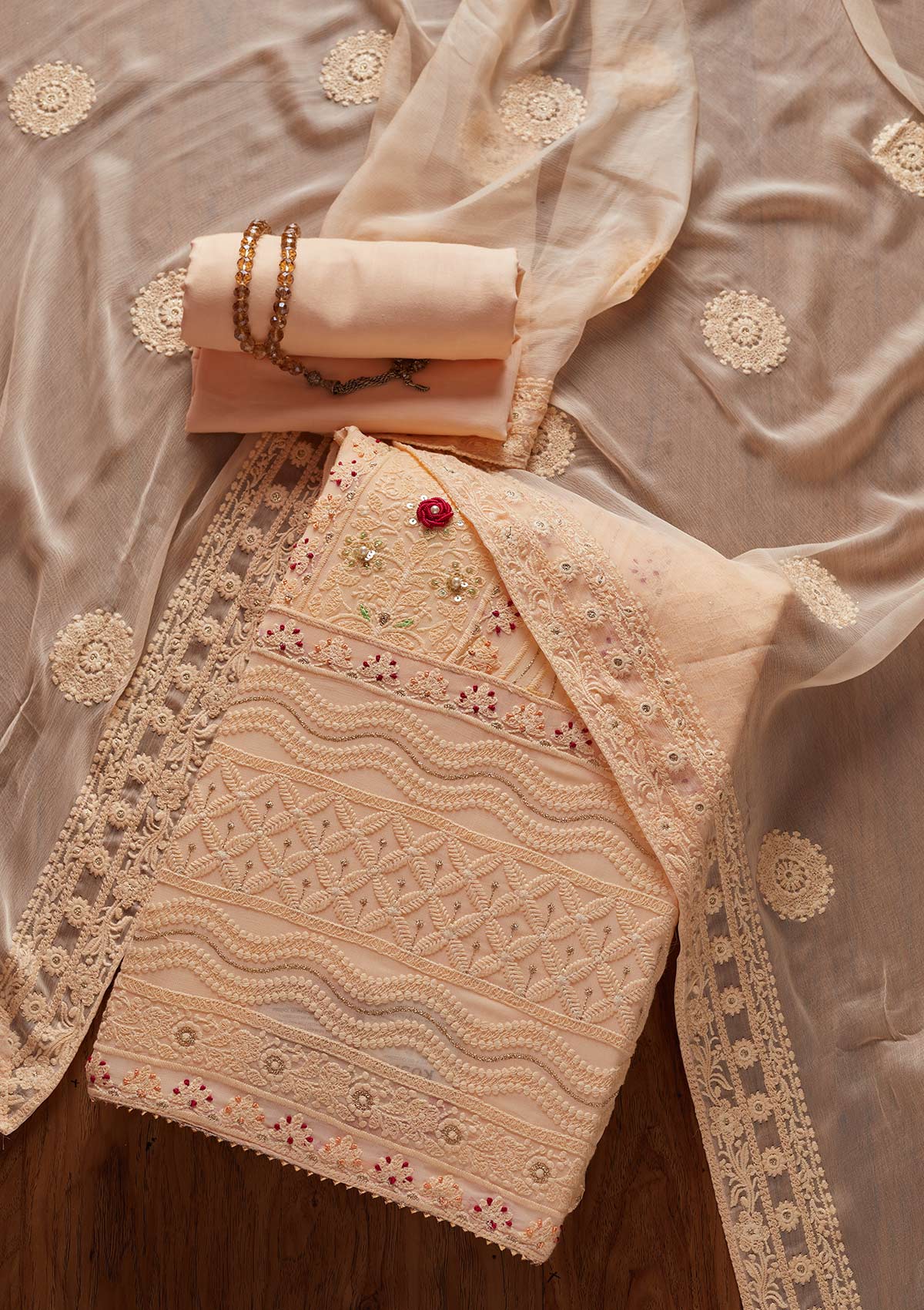 Peach Chikankari Georgette Unstitched Salwar Suit