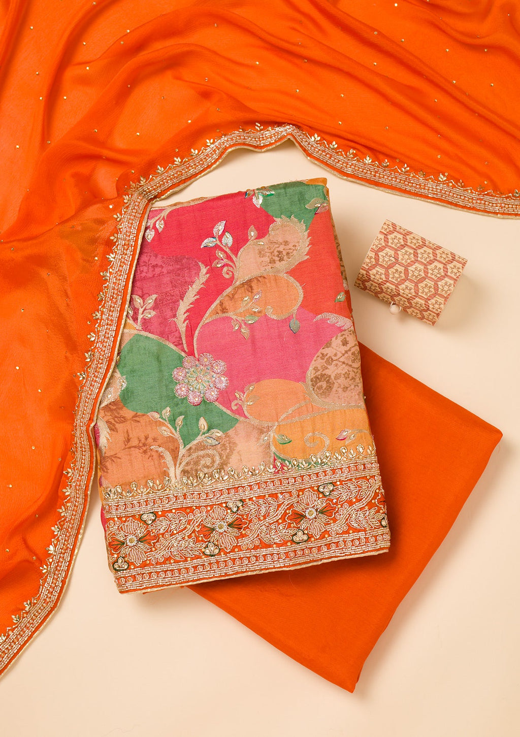 Orange Cutdana Crepe Unstitched Salwar Suit