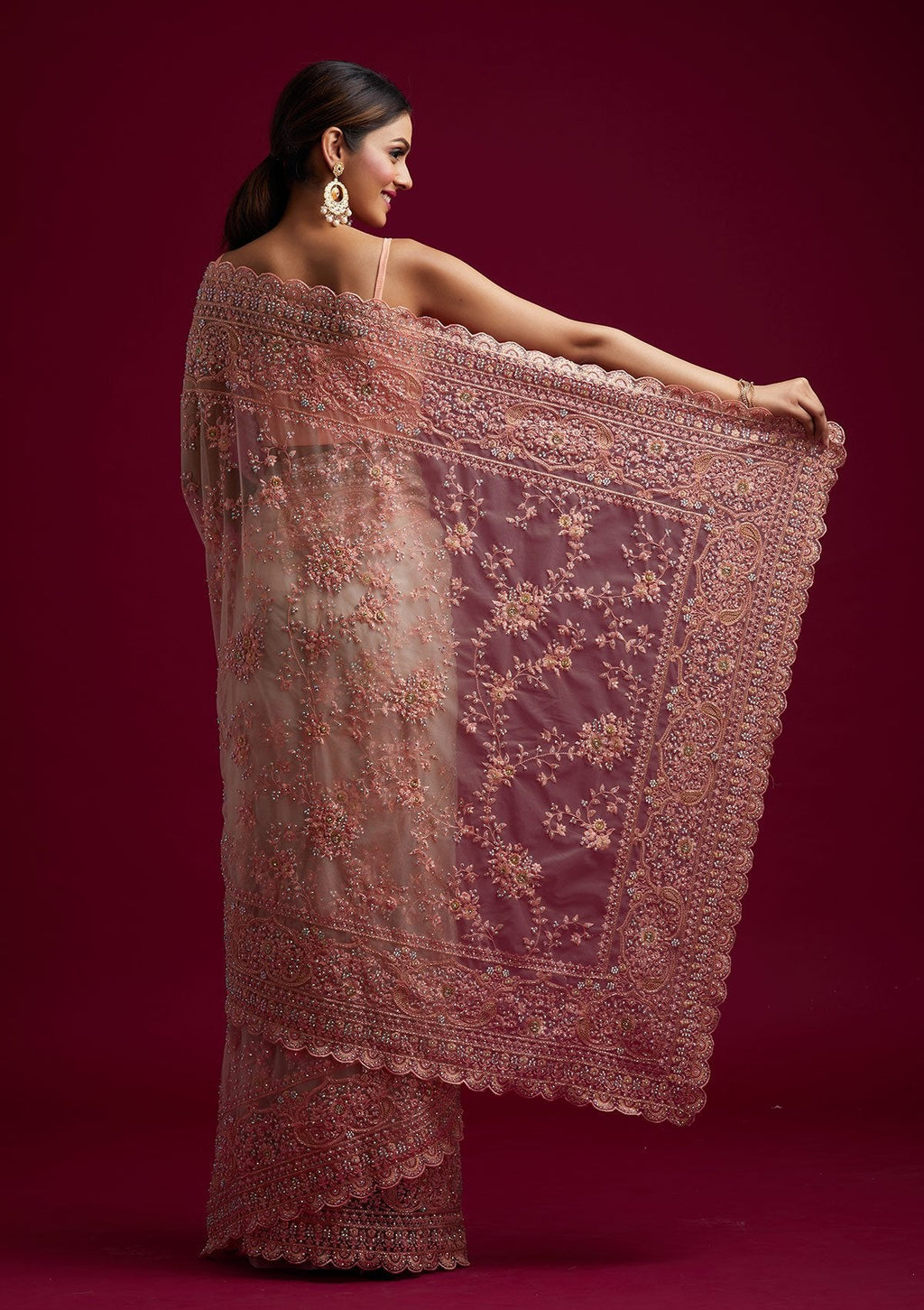 Peach Threadwork Net Designer Saree