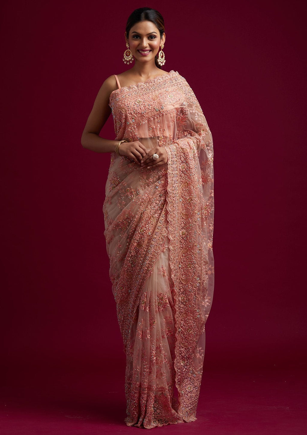 Peach Threadwork Net Designer Saree
