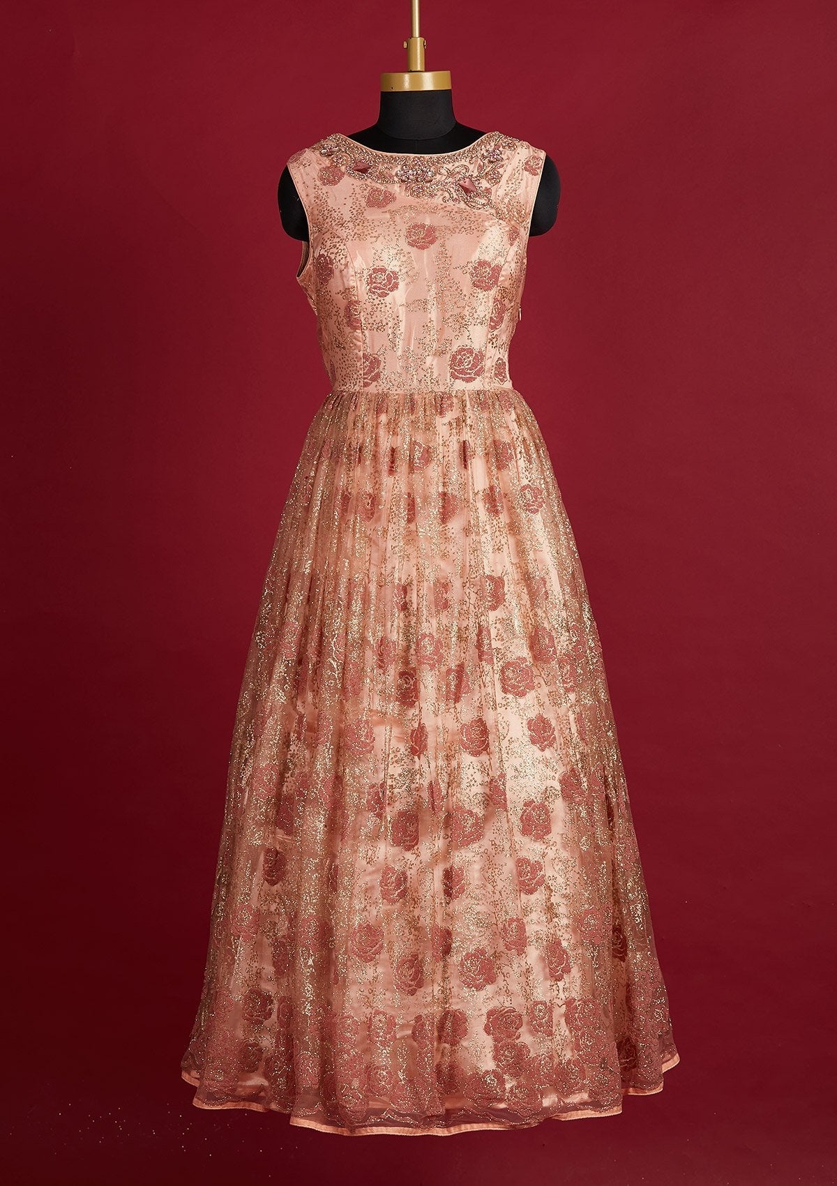 Peach Glitter Net Designer Gown