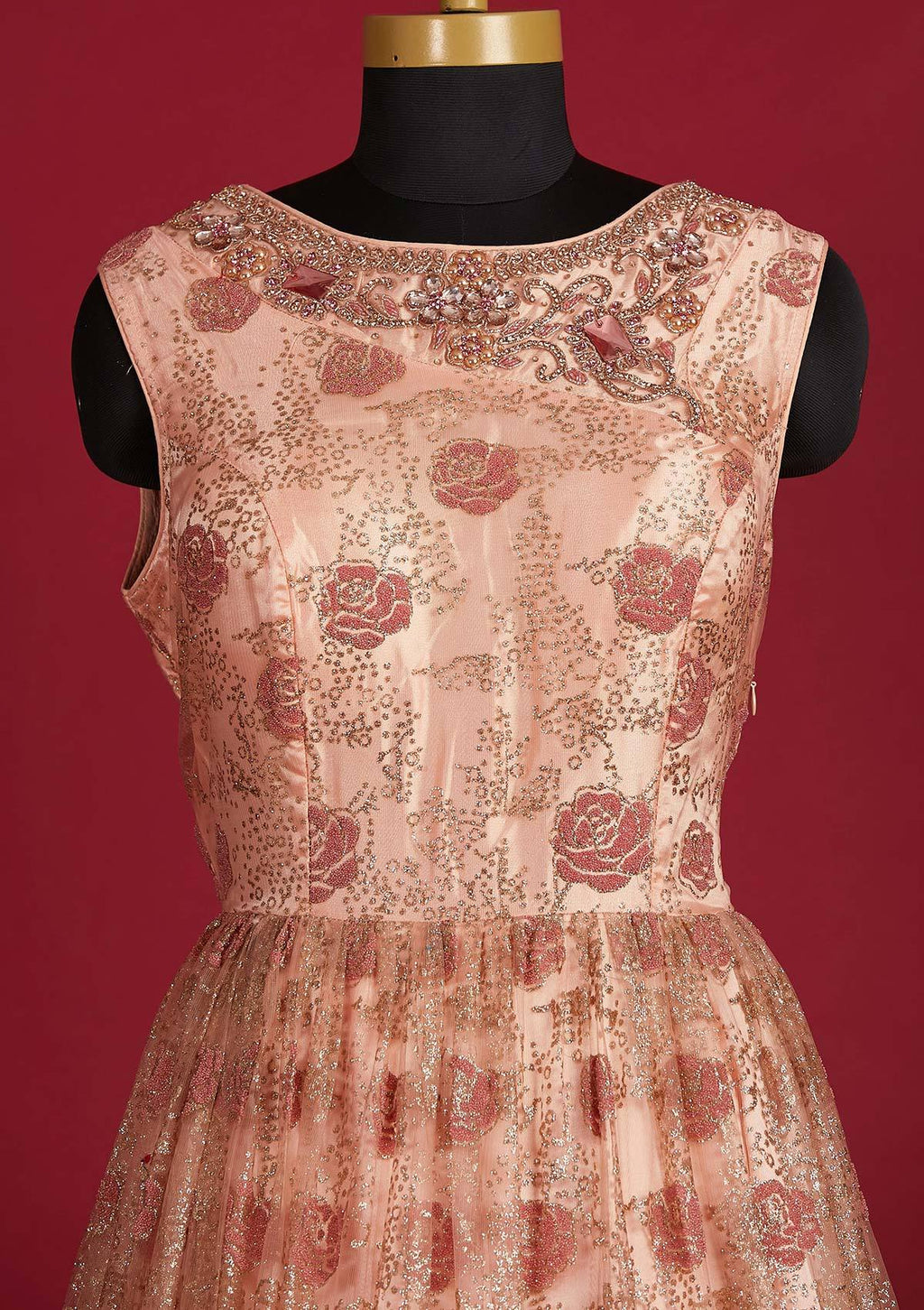 Peach Glitter Net Designer Gown