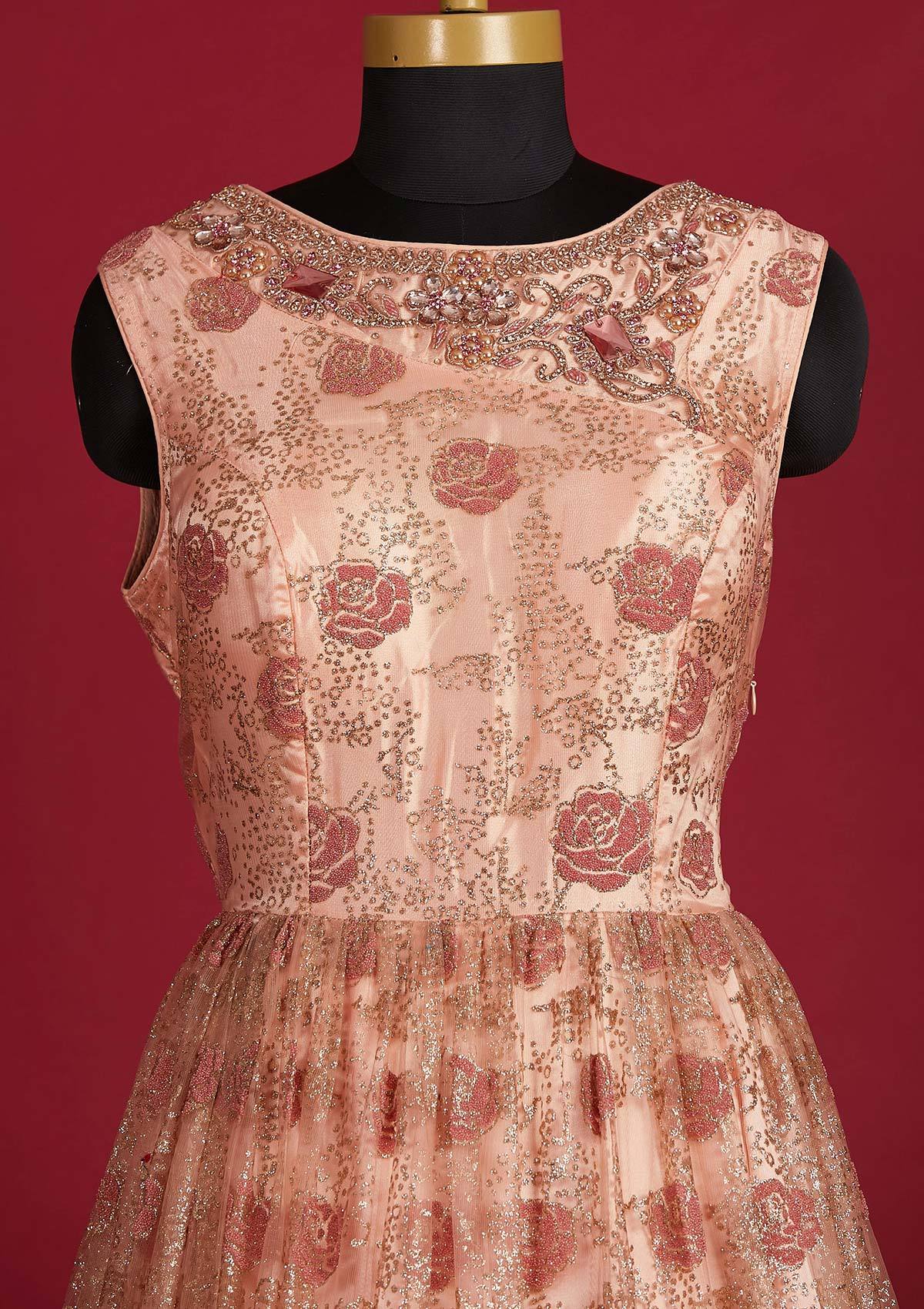 Peach Glitter Net Designer Gown