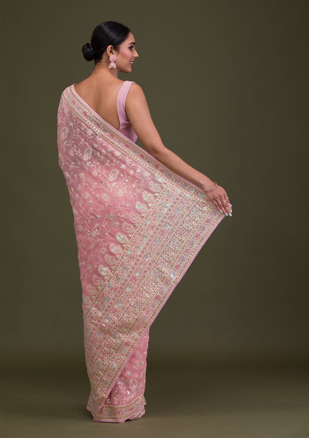 Peach Chikankari Chiffon Saree
