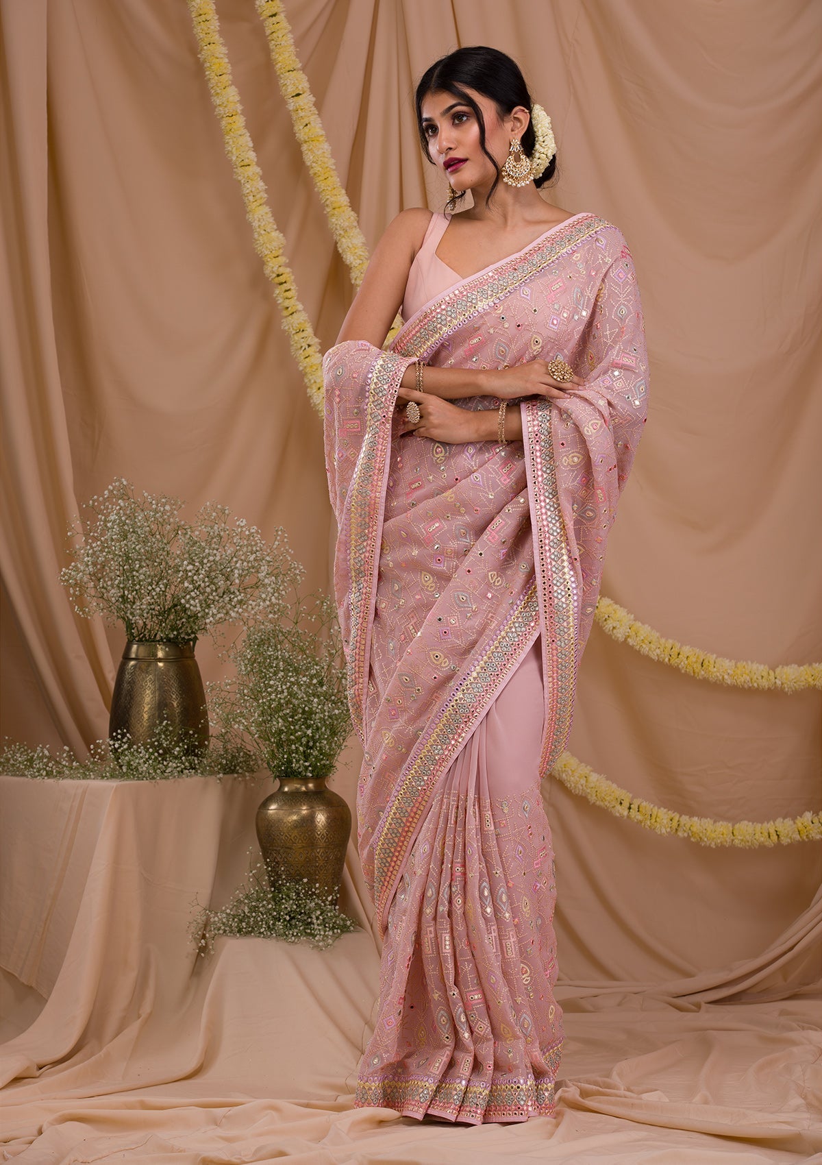 Peach Chikankari Chiffon Saree