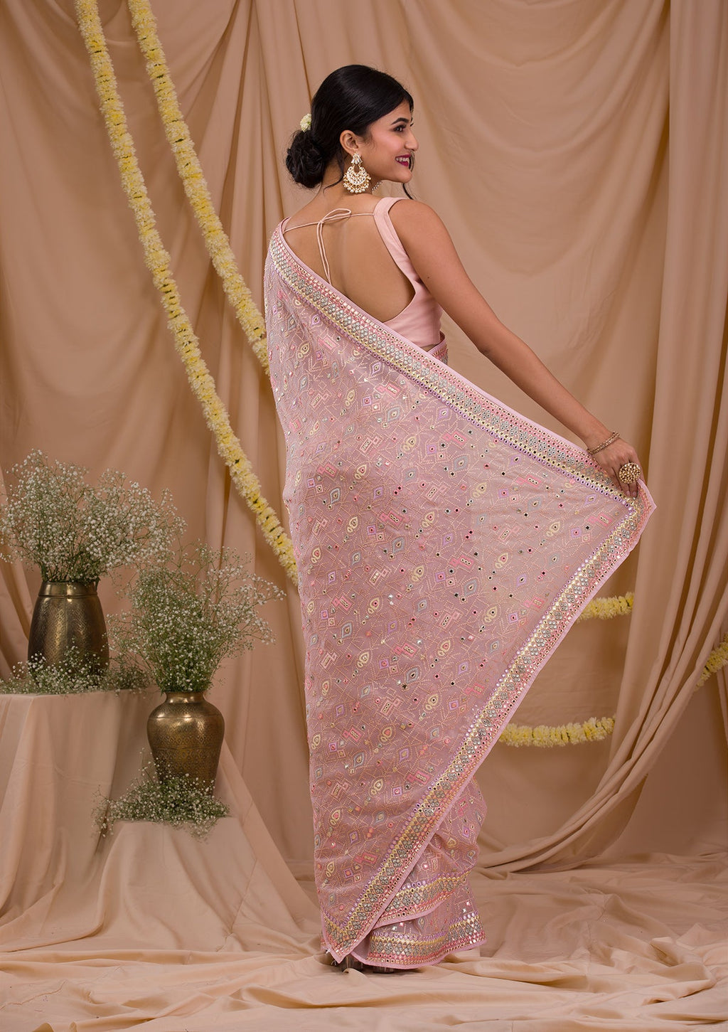 Peach Chikankari Chiffon Saree