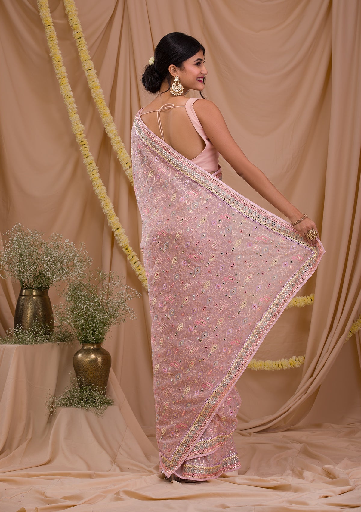 Peach Chikankari Chiffon Saree