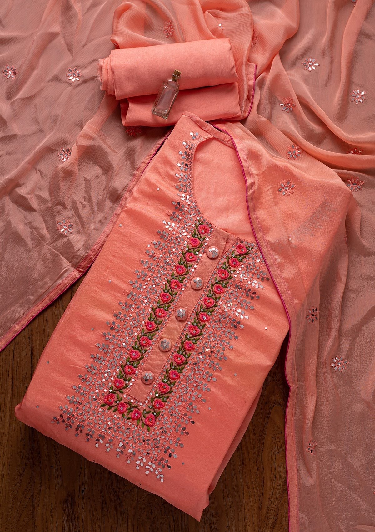 Peach Mirrorwork Semi Crepe Semi-Stitched Salwar Suit