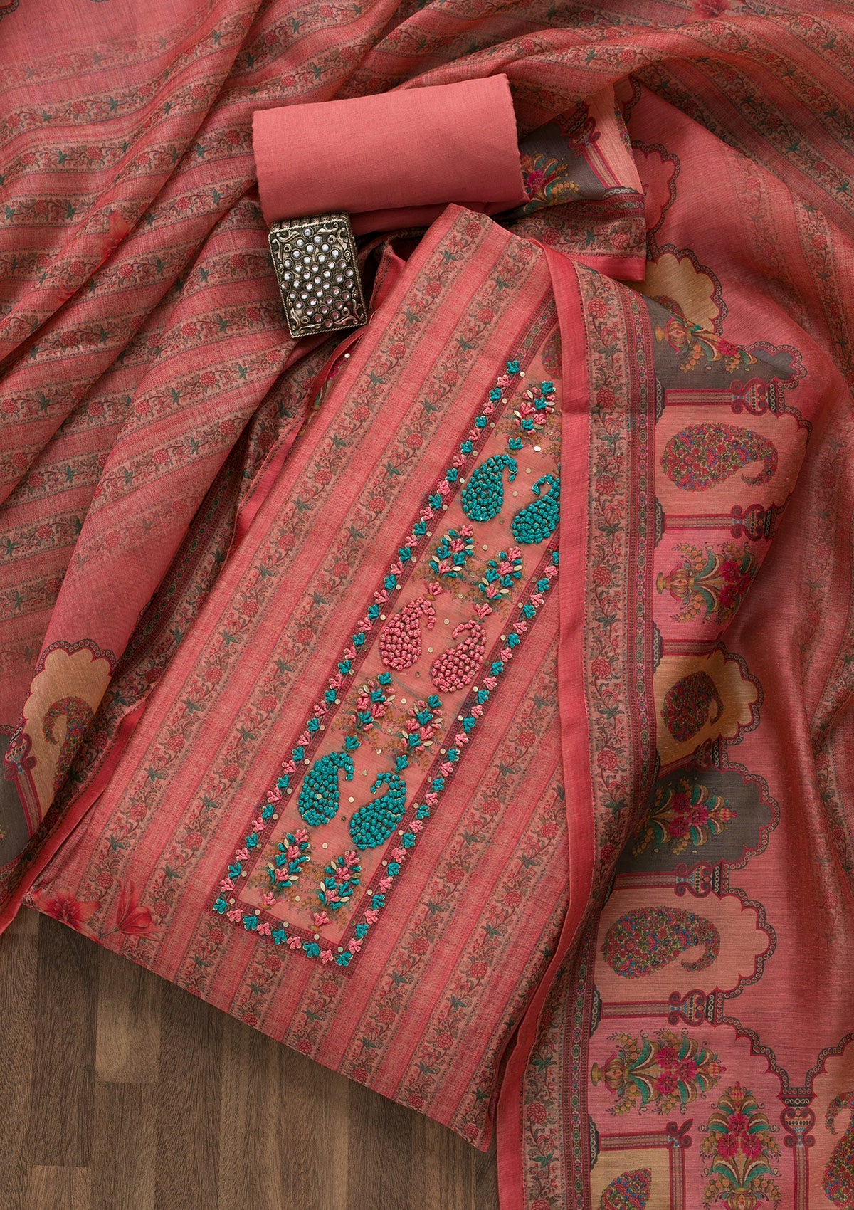 Peach Printed Chanderi Semi Stitched Salwar Suit
