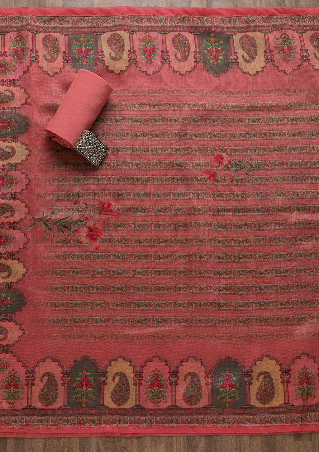 Peach Printed Chanderi Semi Stitched Salwar Suit