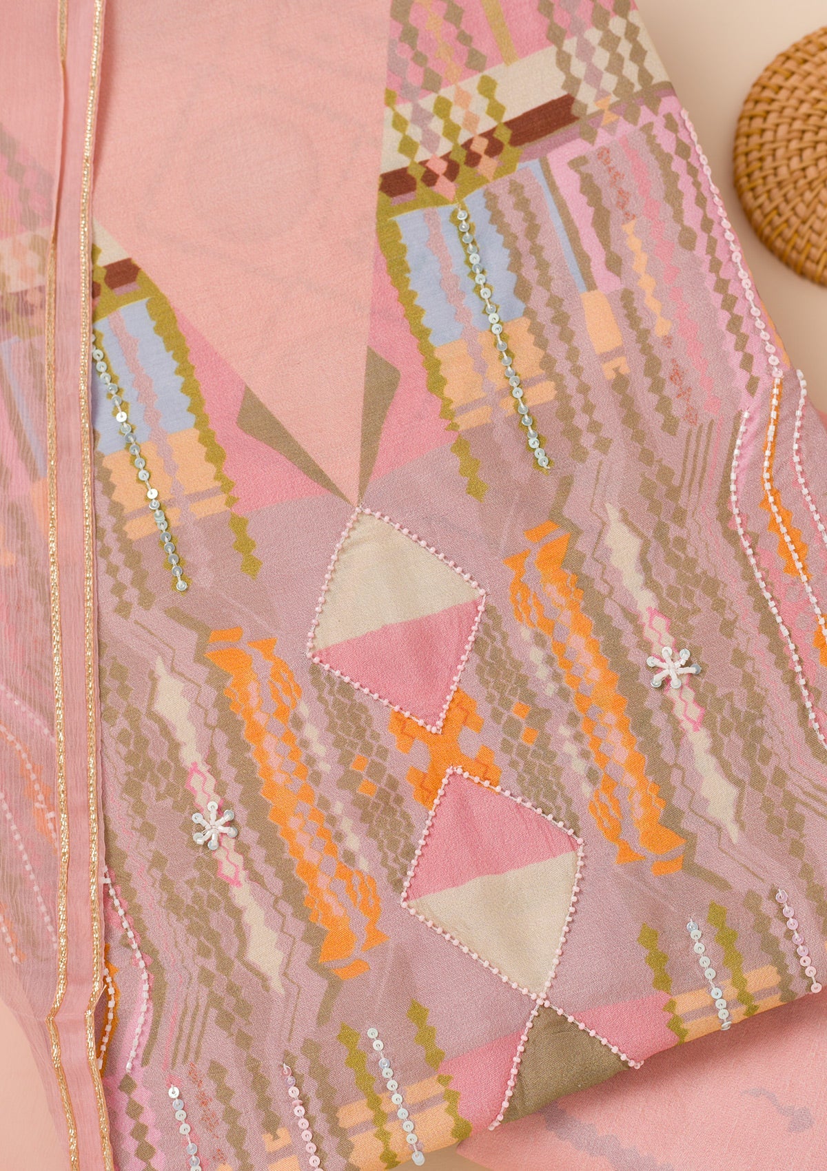 Peach Printed Semi Crepe Unstitched Salwar Suit