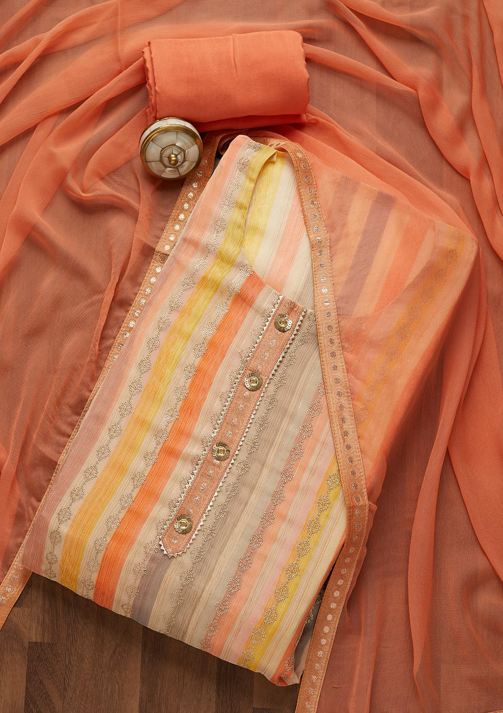 Peach Sequins Semi Crepe Semi Stitched Salwar Suit