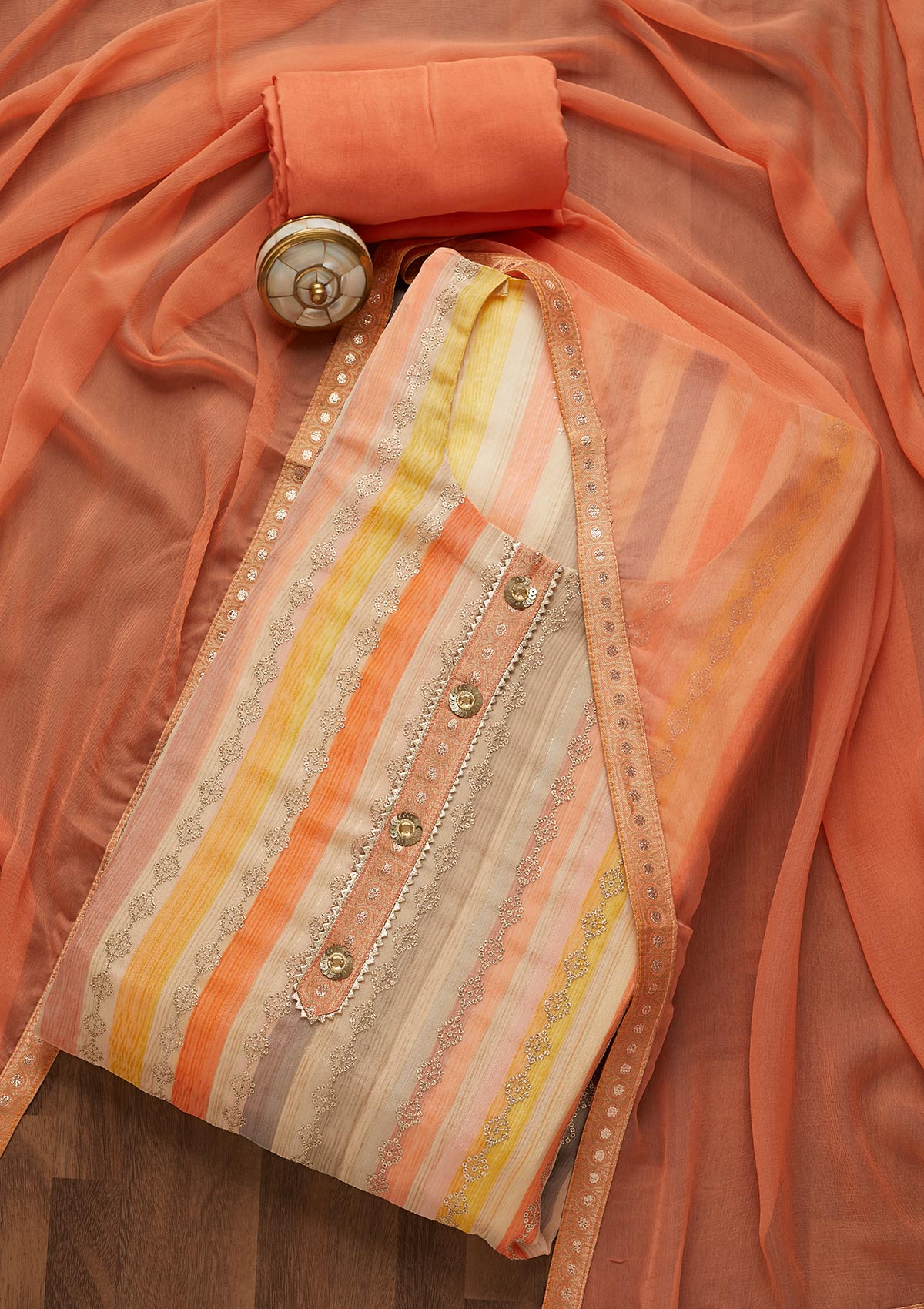 Peach Sequins Semi Crepe Semi Stitched Salwar Suit