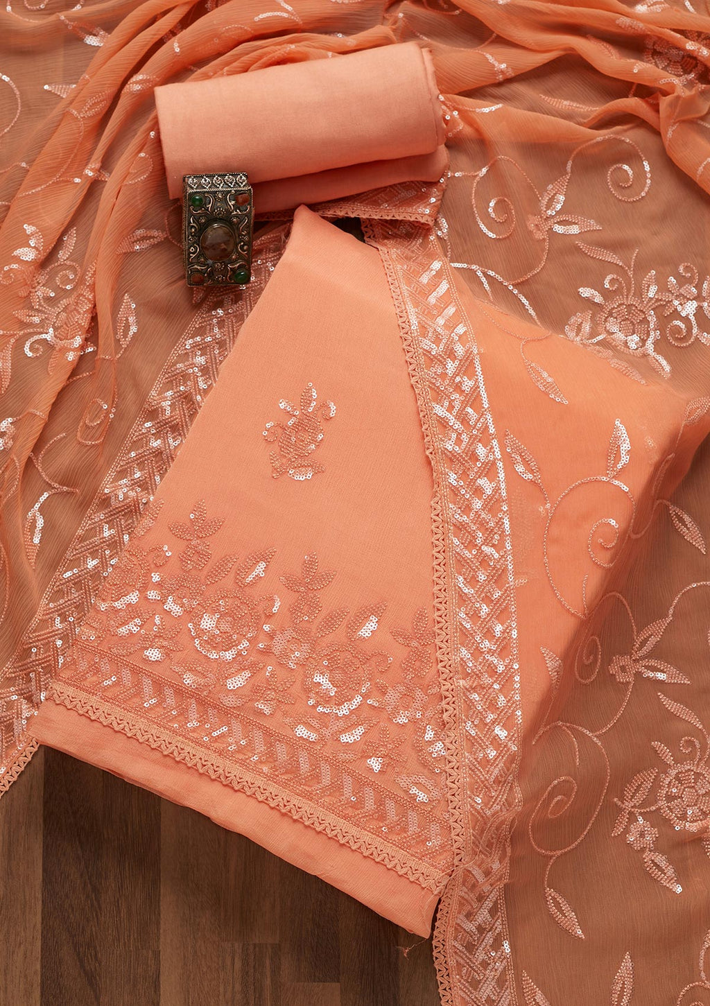 Peach Sequins Georgette Unstitched Salwar Suit