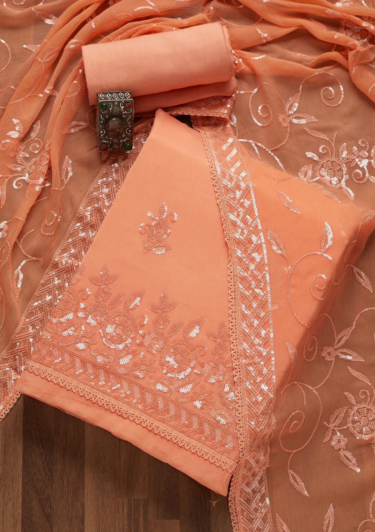 Peach Sequins Georgette Unstitched Salwar Suit