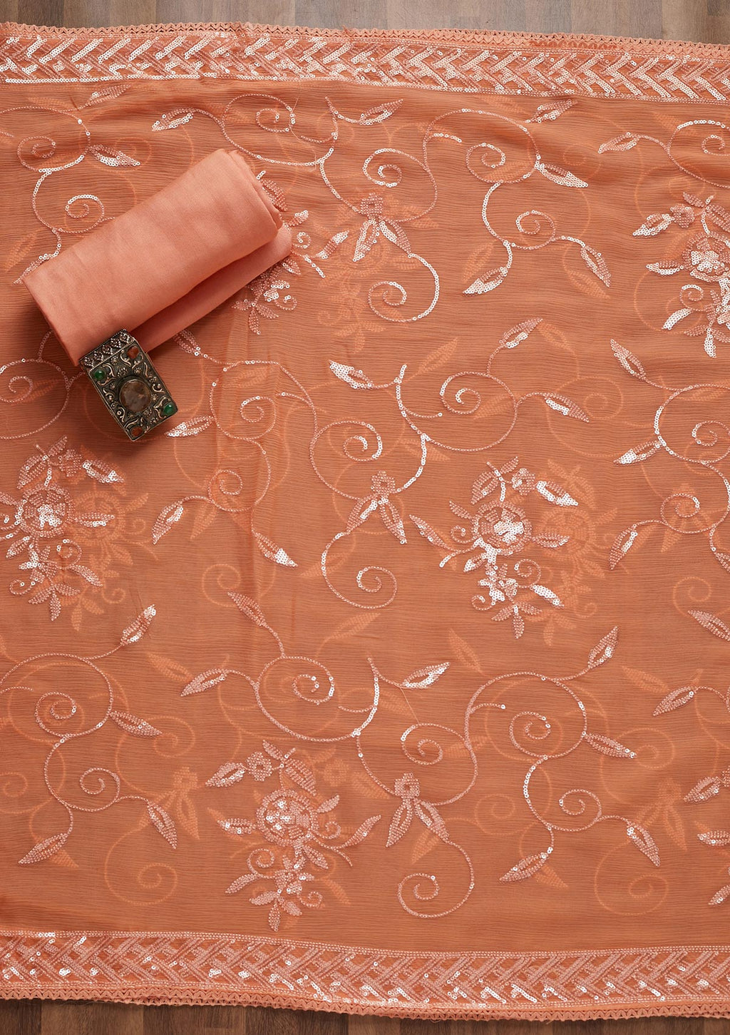 Peach Sequins Georgette Unstitched Salwar Suit