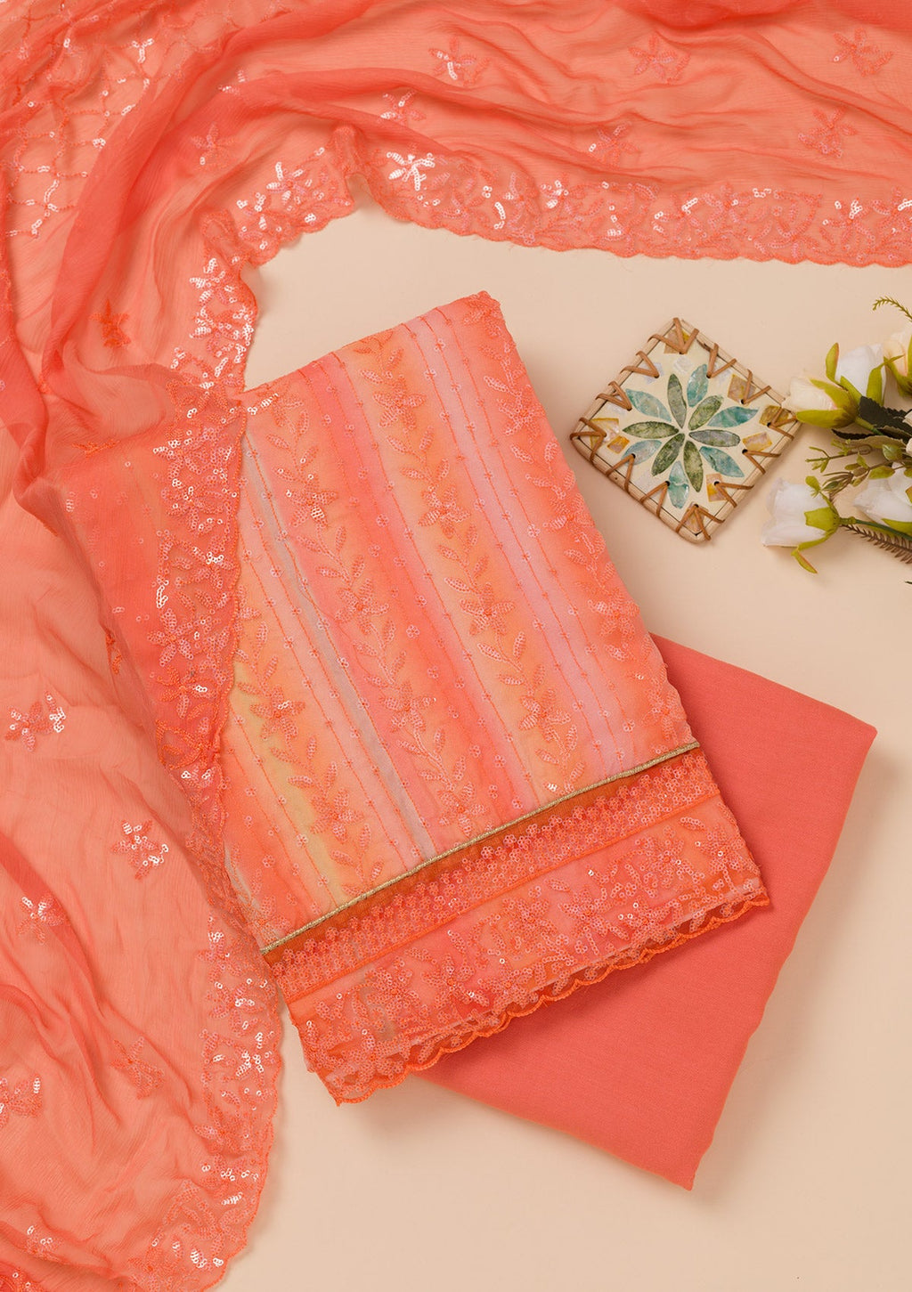 Orange Sequins Georgette Unstitched Salwar Suit