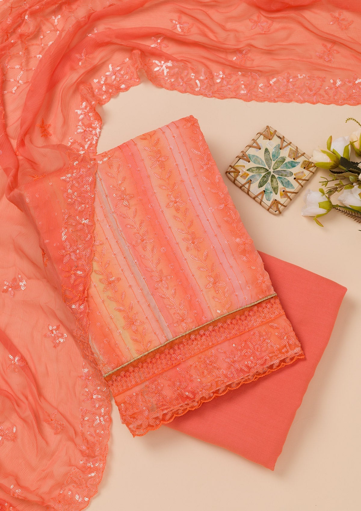 Orange Sequins Georgette Unstitched Salwar Suit
