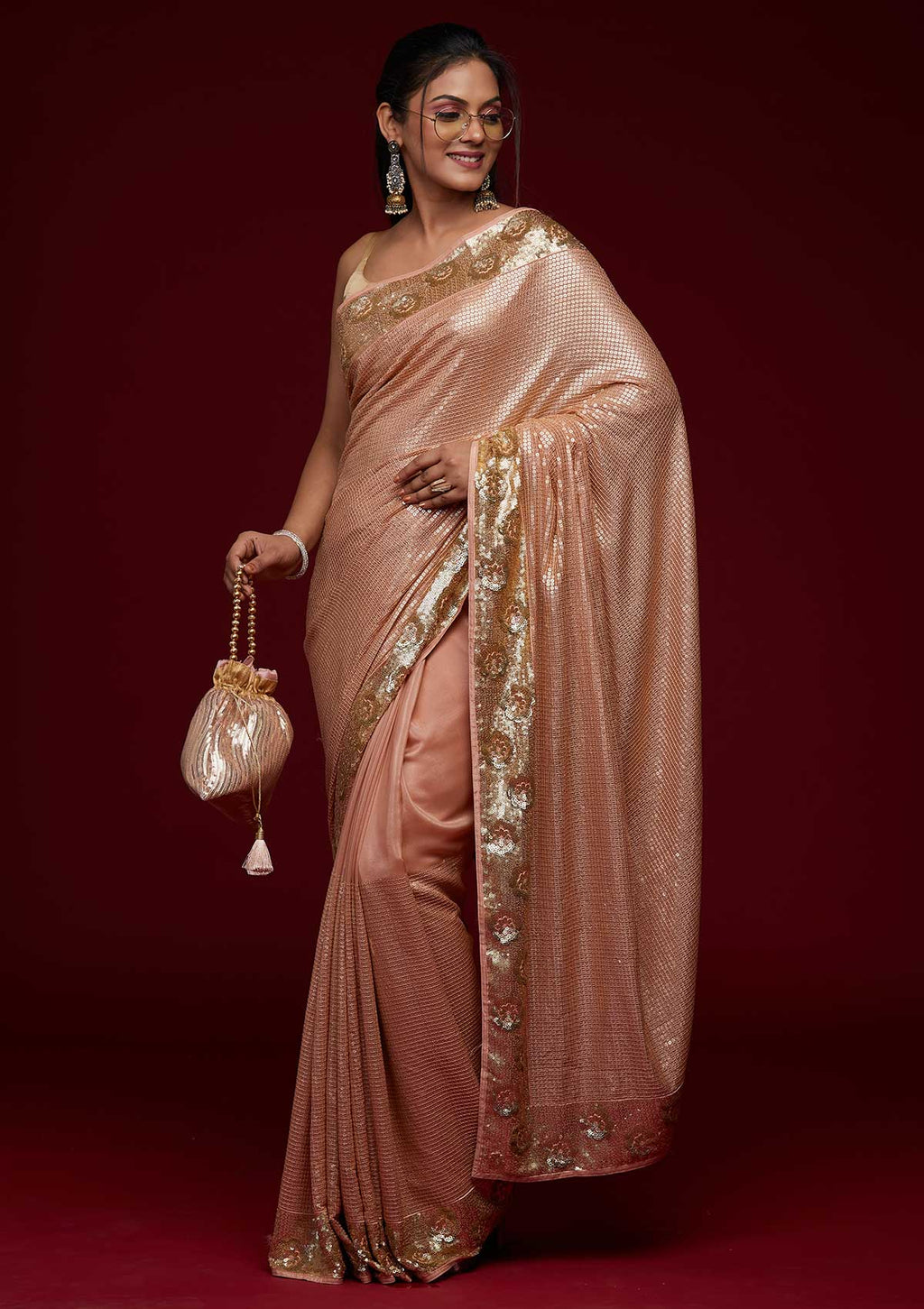 Peach Sequins Georgette Designer Saree
