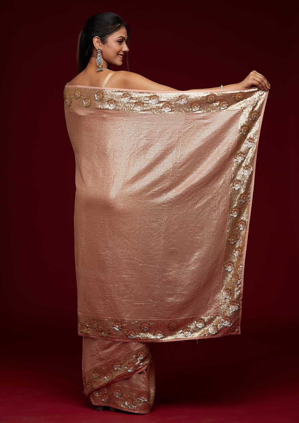 Peach Sequins Georgette Designer Saree