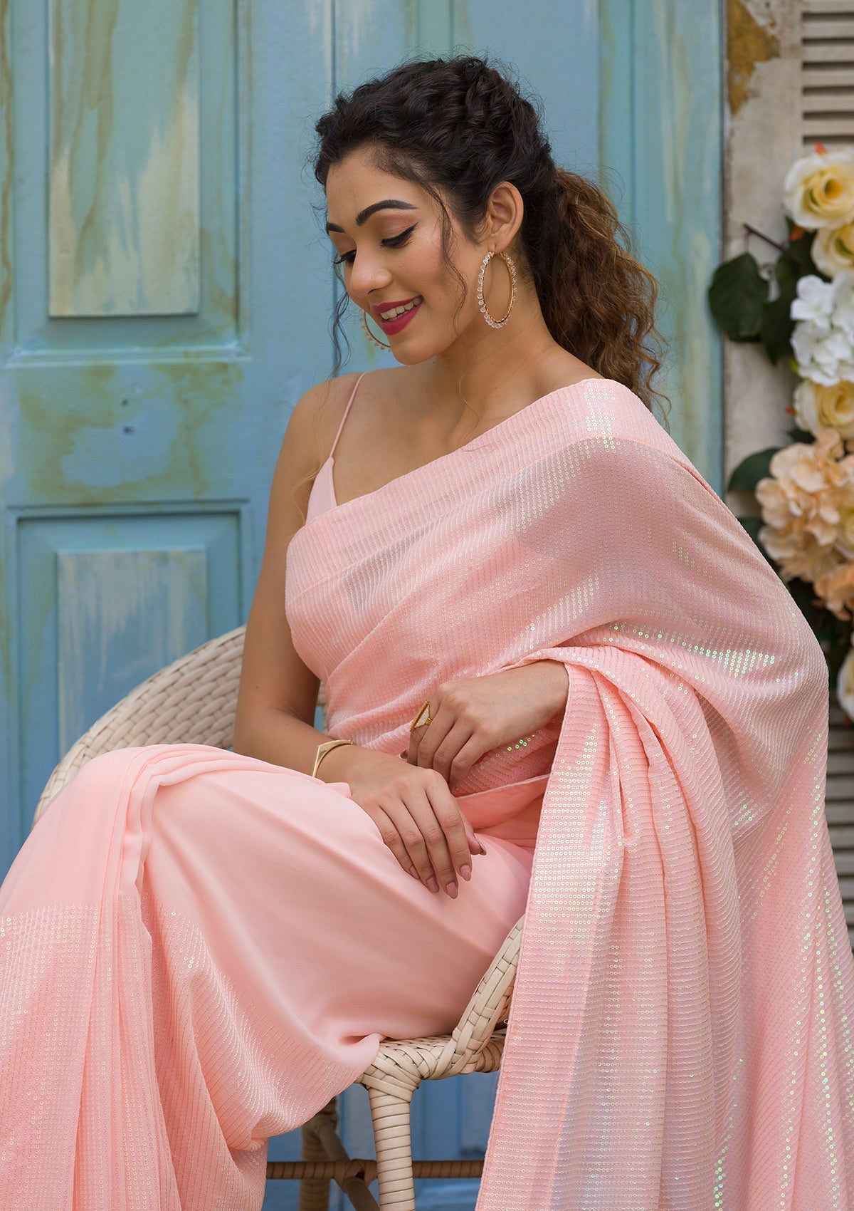 Peach Sequins Georgette Designer Saree