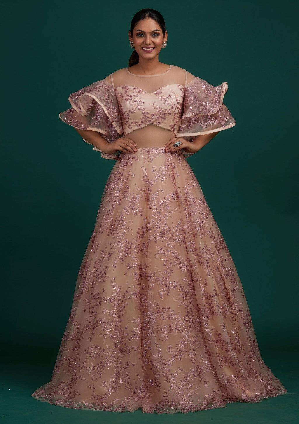 Cream Sequins Net Designer Gown