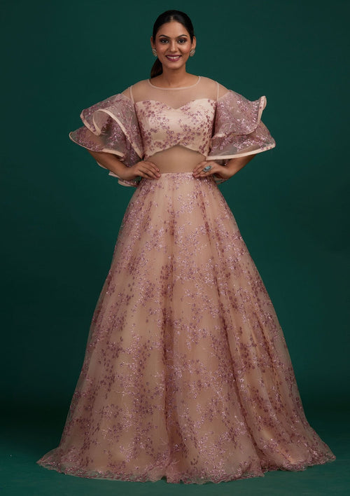 Cream Sequins Net Designer Gown