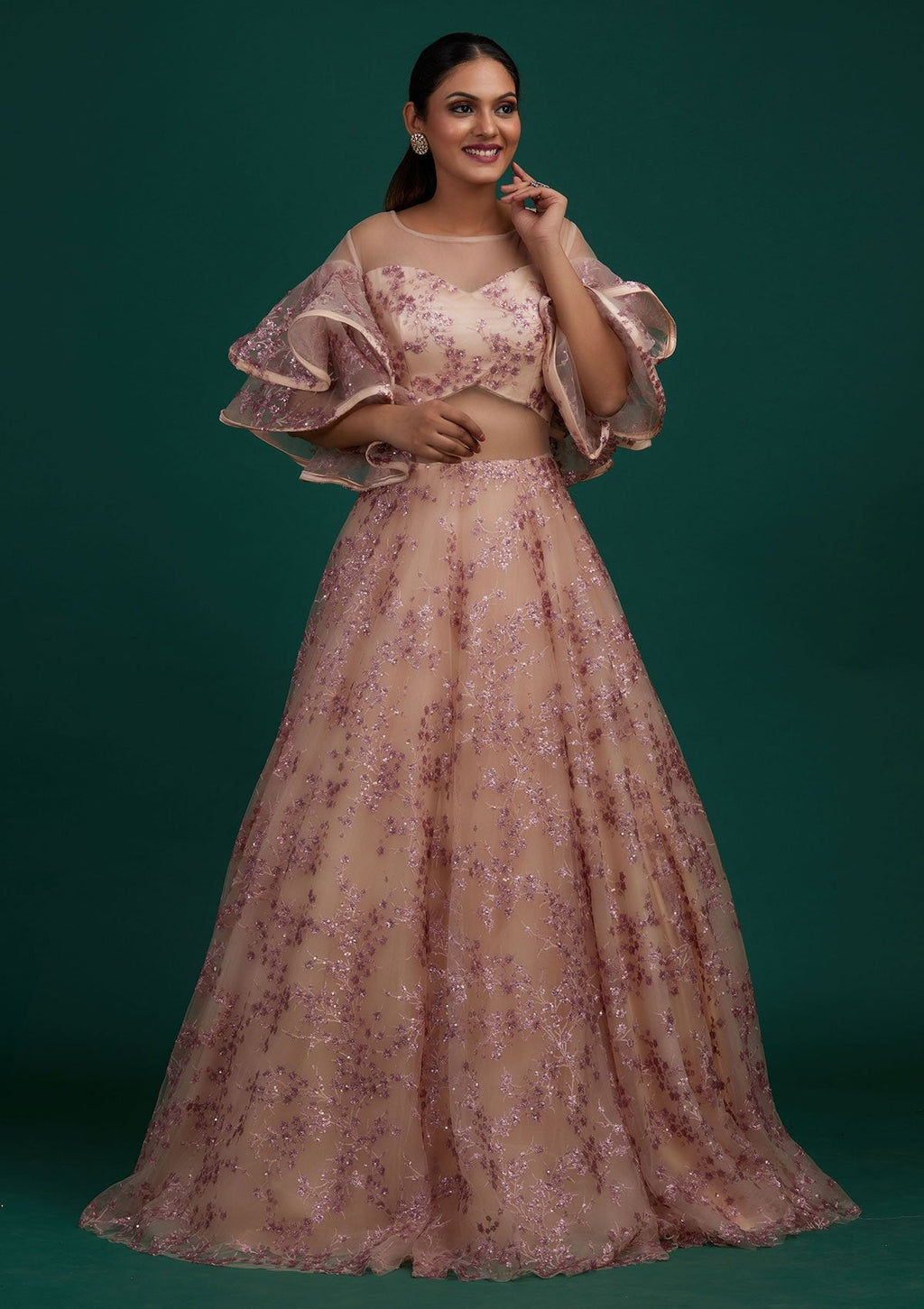 Cream Sequins Net Designer Gown
