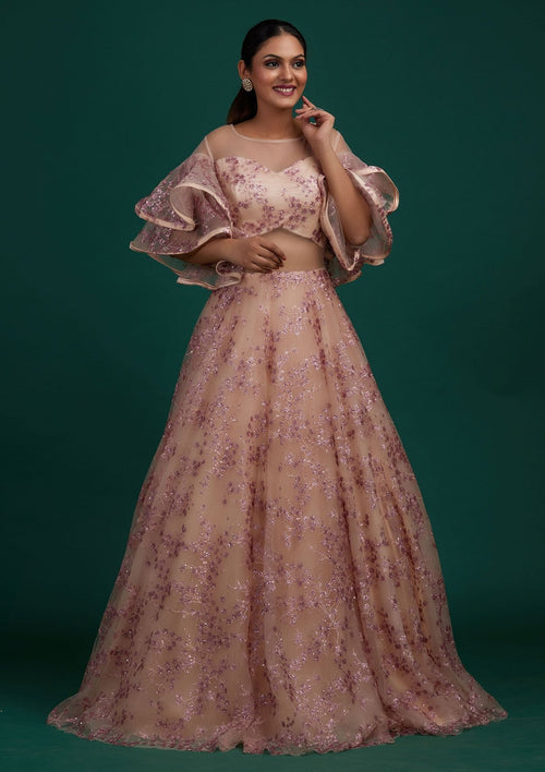 Cream Sequins Net Designer Gown