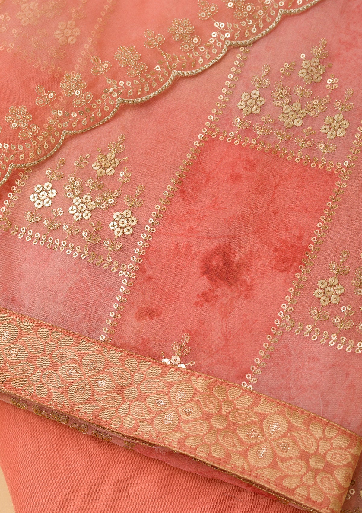 Peach Sequins Organza Unstitched Salwar Suit