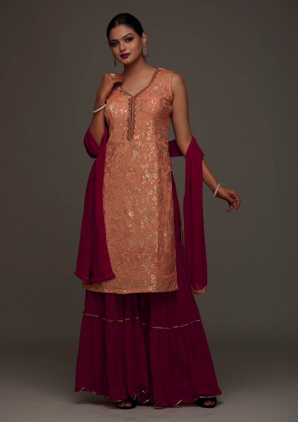 Peach Sequins Semi Crepe Designer Salwar Suit